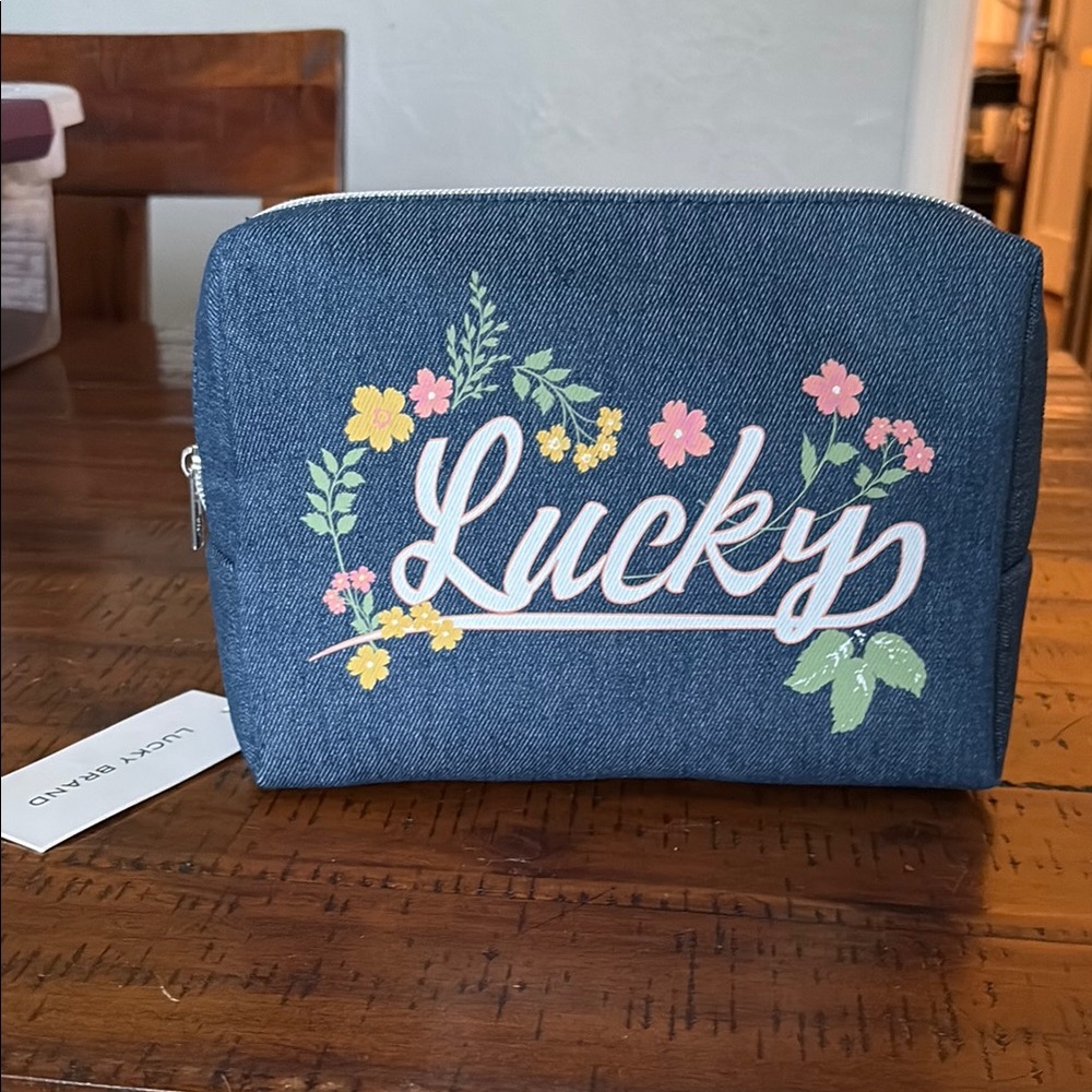 NWT Lucky Brand Denim Floral Travel Cosmetic Pouch